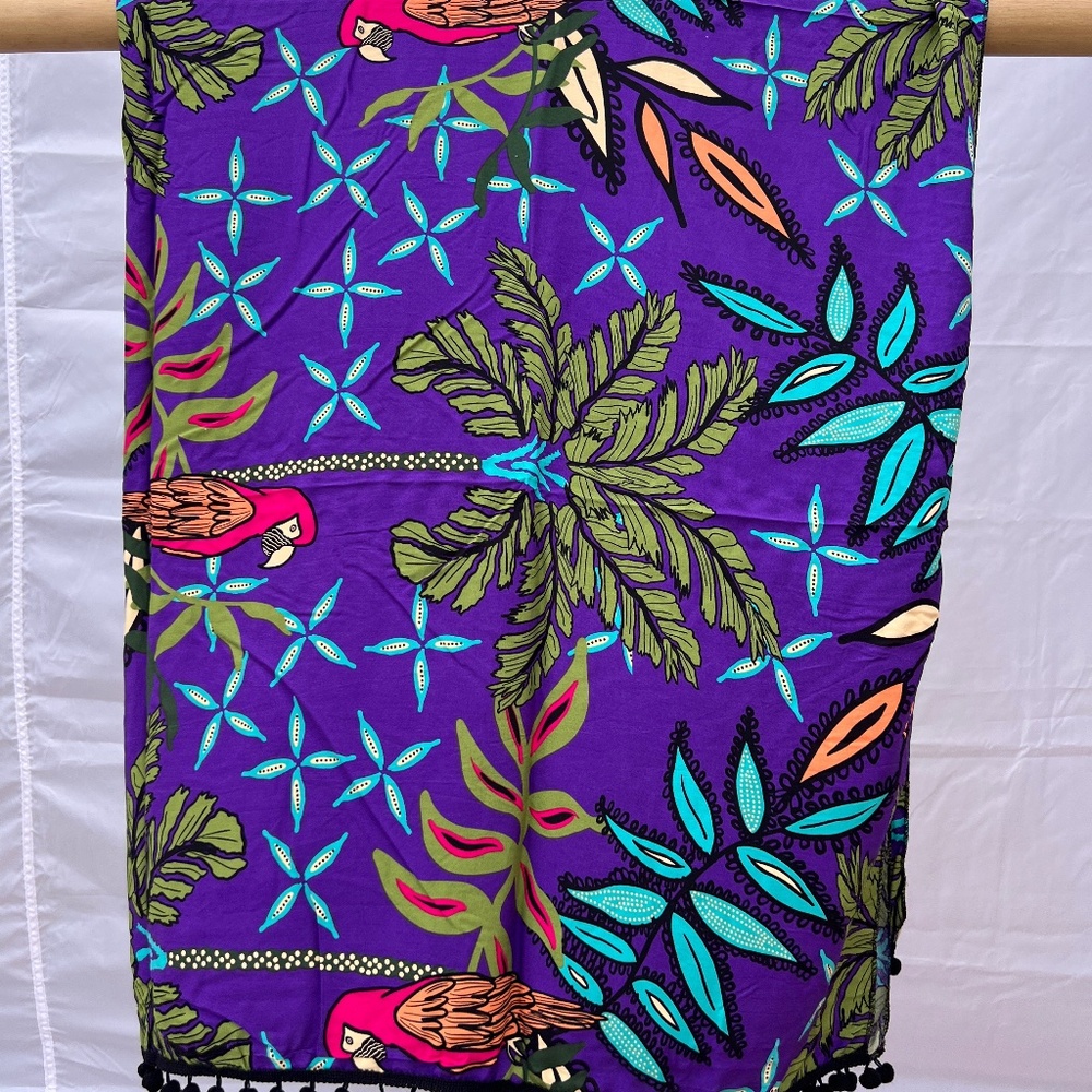 Sarong/Coverup/Canga - Palm Tree and Bird w/Black Poms